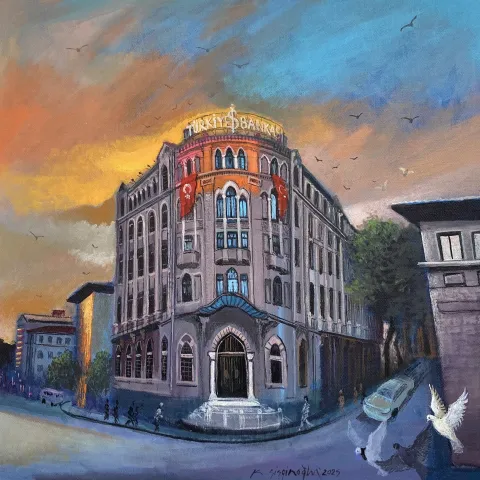 KADİR ŞİŞGİNOĞLU — “Ankara, İş Bankası”, 2025 "Ankara, İş Bankası" eseri KADİR ŞİŞGİNOĞLU tarafından 2025 yılında 40x40 cm ölçülerinde Tuval üzeri akrilik boya tekniği ile yapılmıştır.