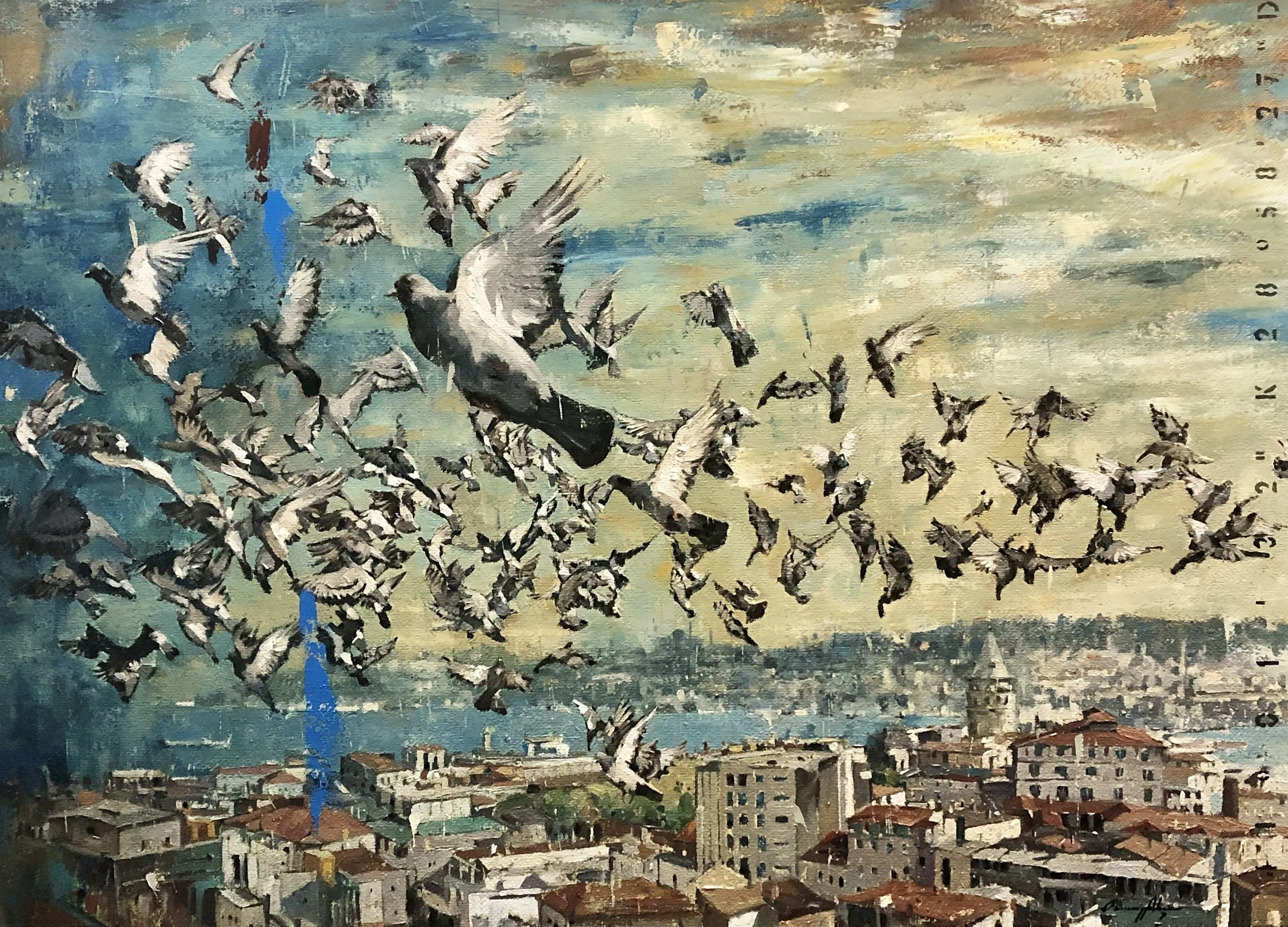 "Güvercinler Serisi" eseri OSMAN AKÇA tarafından 90x125 cm ölçülerinde Tuval üzeri yağlı boya tekniği ile yapılmıştır.