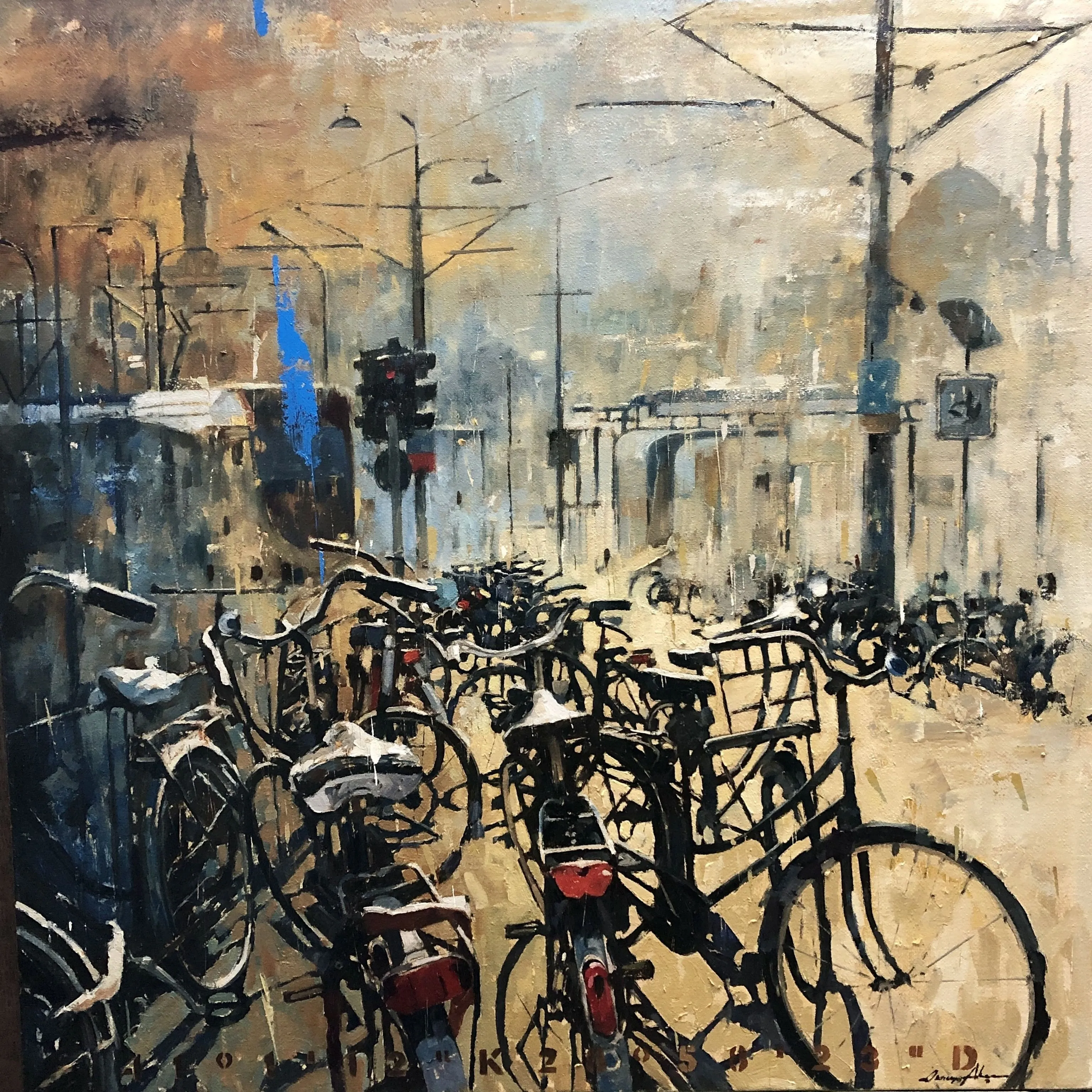 "Bisikletler Serisi" eseri OSMAN AKÇA tarafından 100x100 cm ölçülerinde Tuval üzeri yağlı boya tekniği ile yapılmıştır.