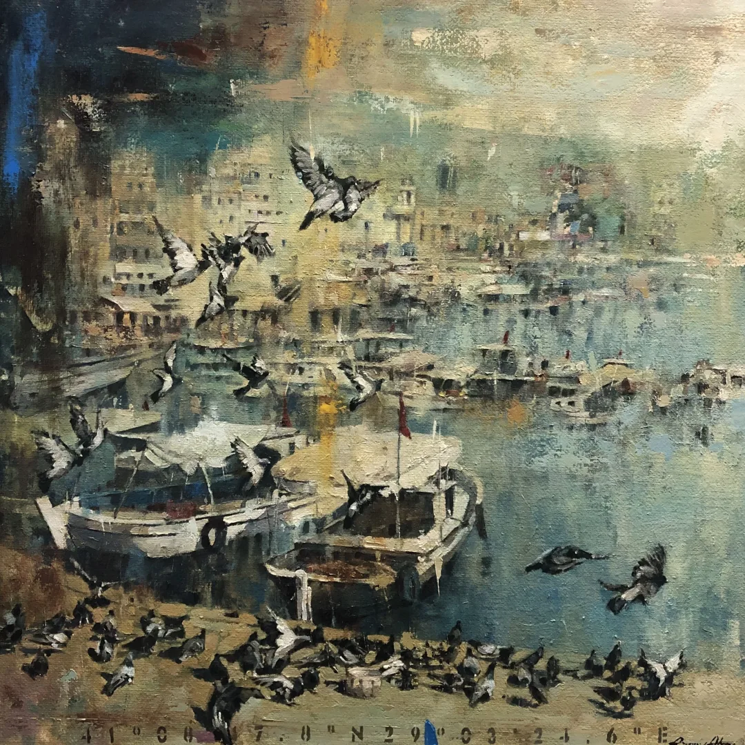 yakınlaştır "Güvercinler Serisi" eseri OSMAN AKÇA tarafından 90x90 cm ölçülerinde Tuval üzeri yağlı boya tekniği ile yapılmıştır.