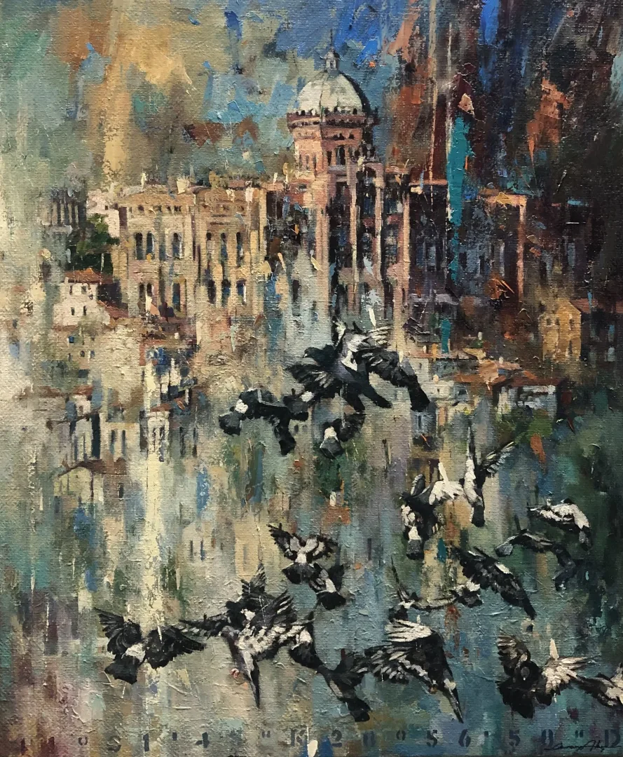 yakınlaştır "Güvercinler Serisi" eseri OSMAN AKÇA tarafından 85x70 cm ölçülerinde Tuval üzeri yağlı boya tekniği ile yapılmıştır.