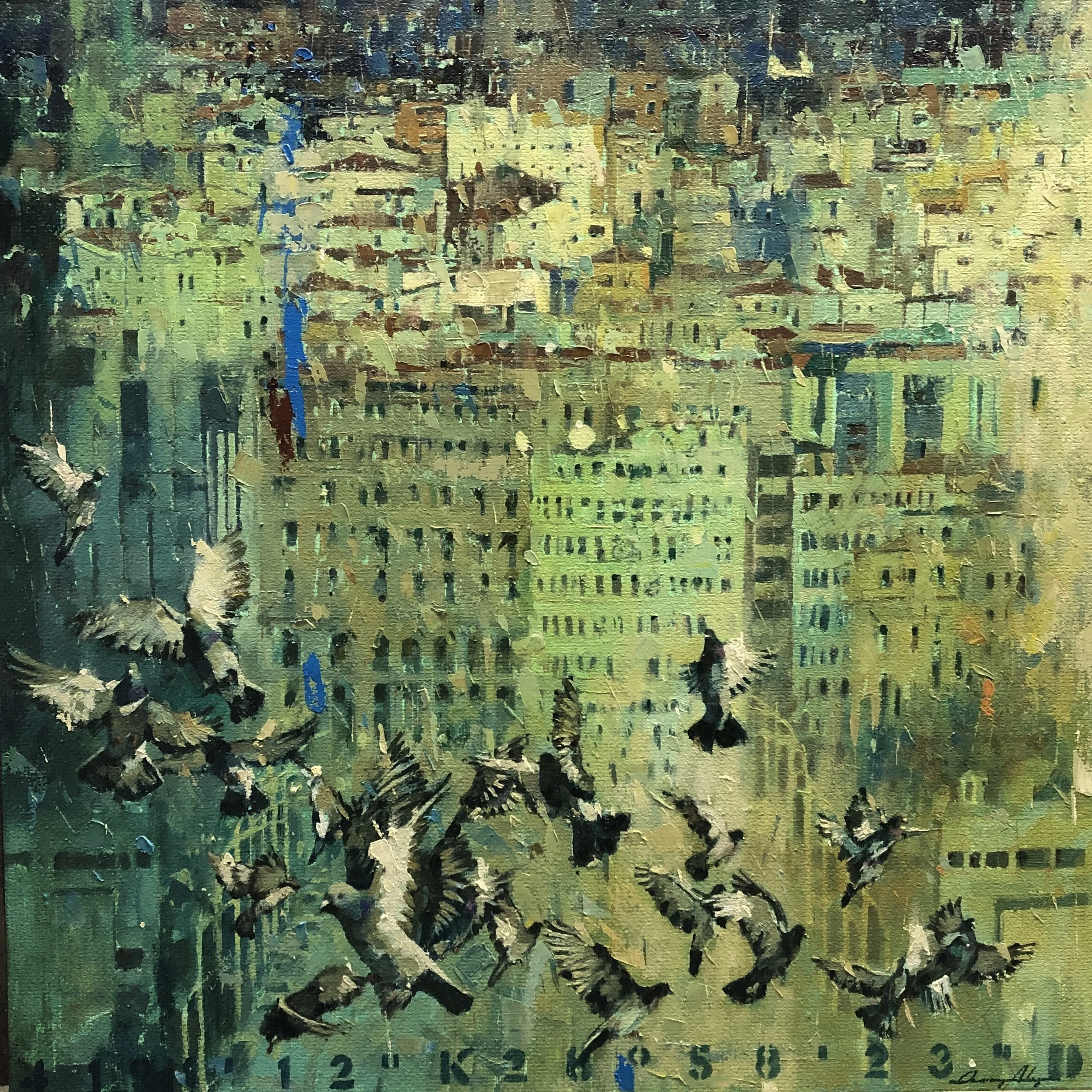 ".Güvercinler Serisi" eseri OSMAN AKÇA tarafından 76x76 cm ölçülerinde Tuval üzeri yağlı boya tekniği ile yapılmıştır.