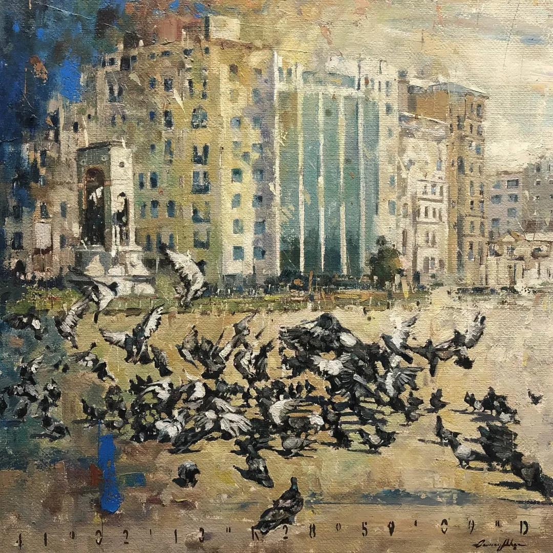 "Güvercinler Serisi" eseri OSMAN AKÇA tarafından 76x76 cm ölçülerinde Tuval üzeri yağlı boya tekniği ile yapılmıştır.