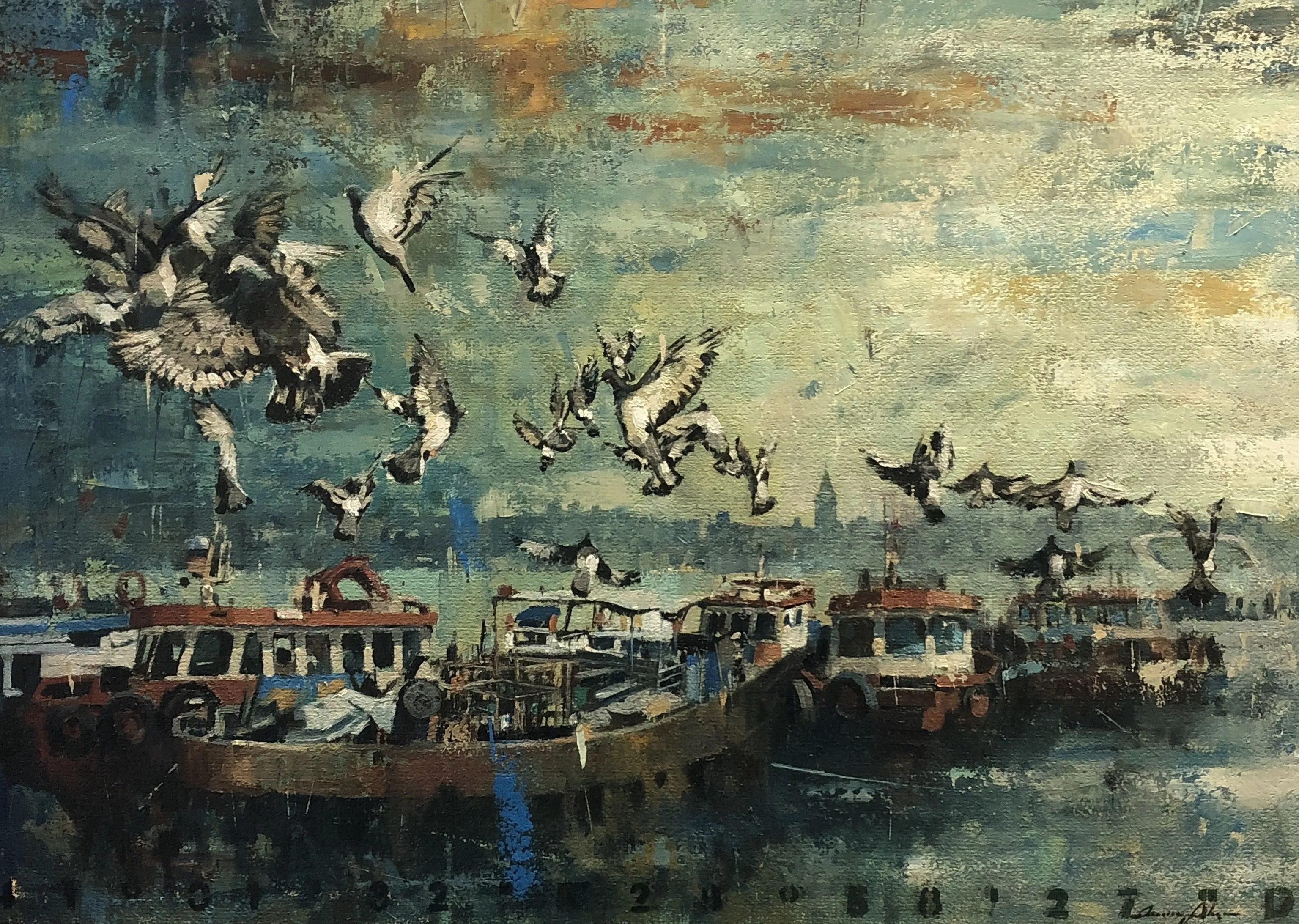 "Güvercinler Serisi" eseri OSMAN AKÇA tarafından 64x90 cm ölçülerinde Tuval üzeri yağlı boya tekniği ile yapılmıştır.