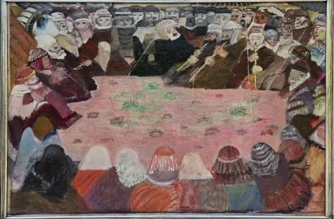 DURAN KARACA — “Erenler, Evliyalar”, 1975 "Erenler, Evliyalar" eseri DURAN KARACA tarafından 1975 yılında 121.5x184.5 cm ölçülerinde Tuval üzeri yağlı boya tekniği ile yapılmıştır.