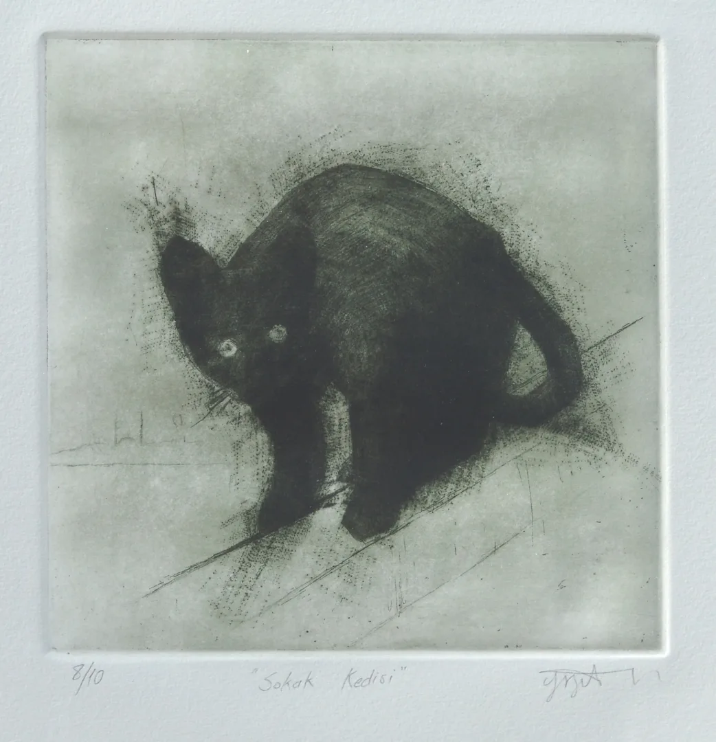 yakınlaştır "Sokak Kedisi" eseri YİĞİT ALTIPARMAKOĞULLARI tarafından 2011 yılında 17x17 cm ölçülerinde Gravür tekniği ile yapılmıştır.