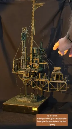 MELİH ŞENTÜRK tarafından 2025 yılında 75x40x30 cm ölçülerinde Atık malzeme, akrilik boya tekniği ile yapılmıştır.