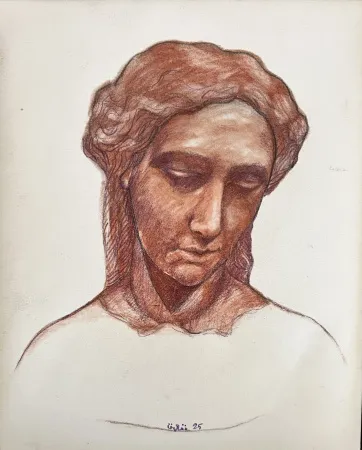 NECMETTİN ÖZLÜ tarafından 2025 yılında 30x24 cm ölçülerinde Kağıt üzeri sanguine, tuvale marufle tekniği ile yapılmıştır.