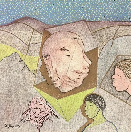 NECMETTİN ÖZLÜ tarafından 2025 yılında 40x40 cm ölçülerinde Tuval üzeri karışık teknik tekniği ile yapılmıştır.