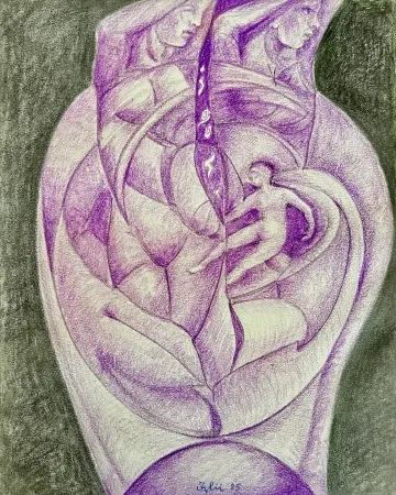 NECMETTİN ÖZLÜ tarafından 2025 yılında 30x24 cm ölçülerinde Kağıt üzeri kuru kalem, tuvale marufle tekniği ile yapılmıştır.