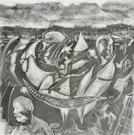 NECMETTİN ÖZLÜ tarafından 2025 yılında 60x60 cm ölçülerinde Tuvale kurşun kalem, grafit tozu tekniği ile yapılmıştır.