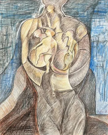 NECMETTİN ÖZLÜ tarafından 2025 yılında 30x24 cm ölçülerinde Kağıt üzeri kurşun kalem, kuru boya, tuvale marufle tekniği ile yapılmıştır.