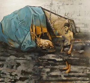 MAHMUT ÖZDEMİR tarafından 2016 yılında 130x140 cm ölçülerinde Tuval üzeri karışık teknik tekniği ile yapılmıştır.