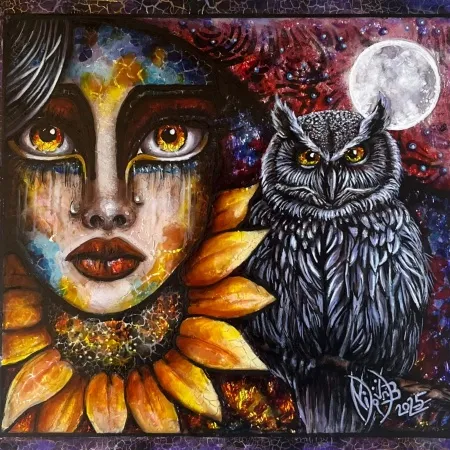 NİLGÜN BAYRAKTAROĞLU tarafından 2025 yılında 25x25 cm ölçülerinde Plerksiglas üzeri karışık teknik tekniği ile yapılmıştır.