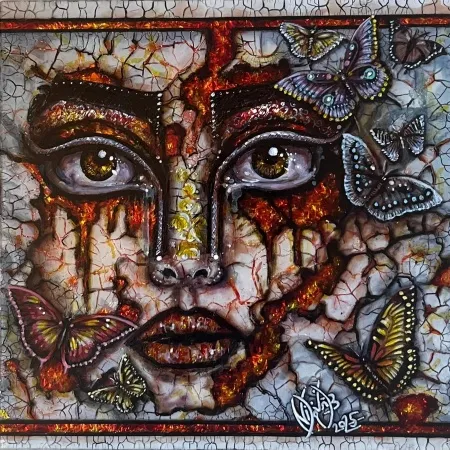 NİLGÜN BAYRAKTAROĞLU tarafından 2025 yılında 25x25 cm ölçülerinde Plerksiglas üzeri karışık teknik tekniği ile yapılmıştır.